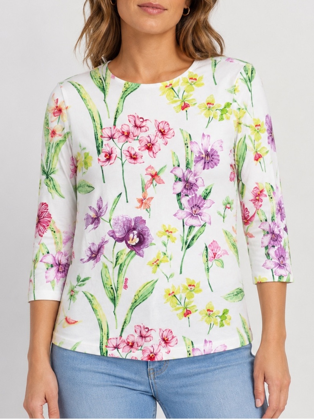 Leggiardo Designer Floral Top 3/4 Sleeves White 94